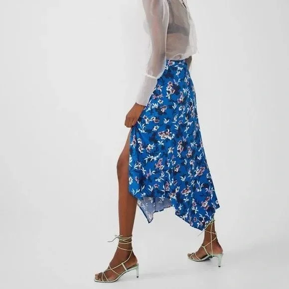 ZARA Cobalt Blue Pastel Pink Floral Handkerchief Asymmetrical Midi Modest Skirt - Picture 3 of 16